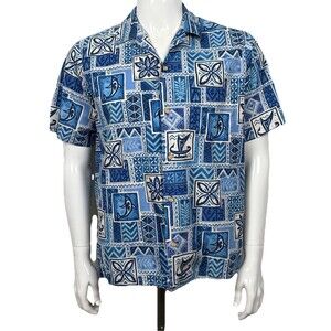 Vintage Hawaiian Aloha Shirt 50s 60s Pride of Hawaii Made Hawaii Blue Tapa M L